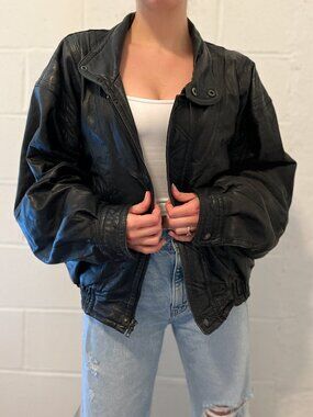 Vintage 90s Black Genuine Leather Bomber Jacket Oversized Minimal Moto
